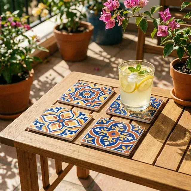 Handmade Azulejo ceramic tile coasters from Goa on patio table