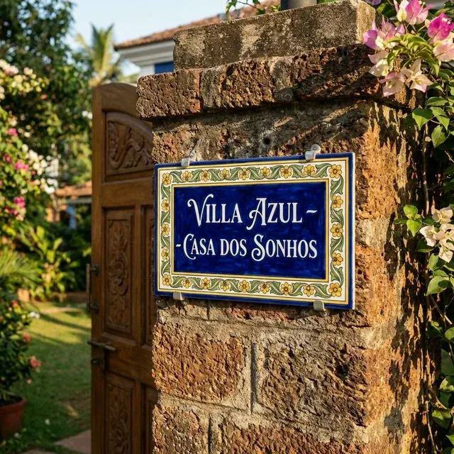 Custom ceramic house nameplate on luxury Goa villa pillar