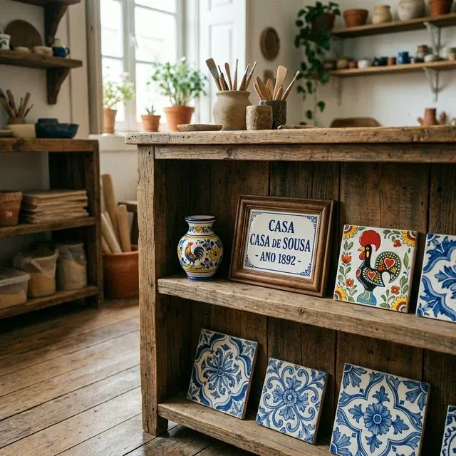 Artisan shelf display of finished AzulejosGoa hand-painted ceramics