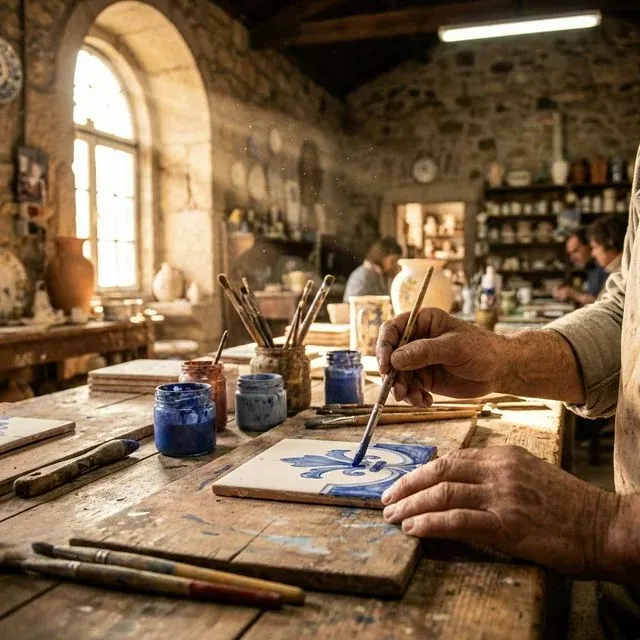 Artisan hand-painting traditional Azulejo tile in Goa workshop