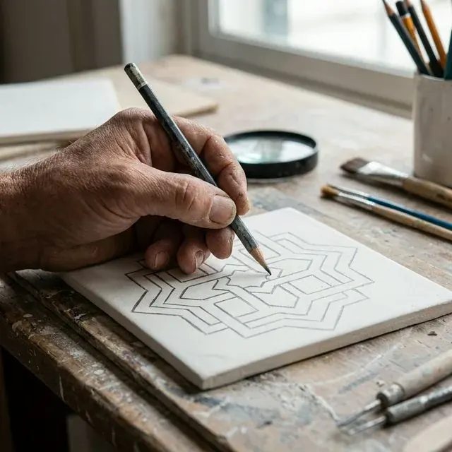 Artisan hand-drawing Azulejo tile pattern in Goa workshop
