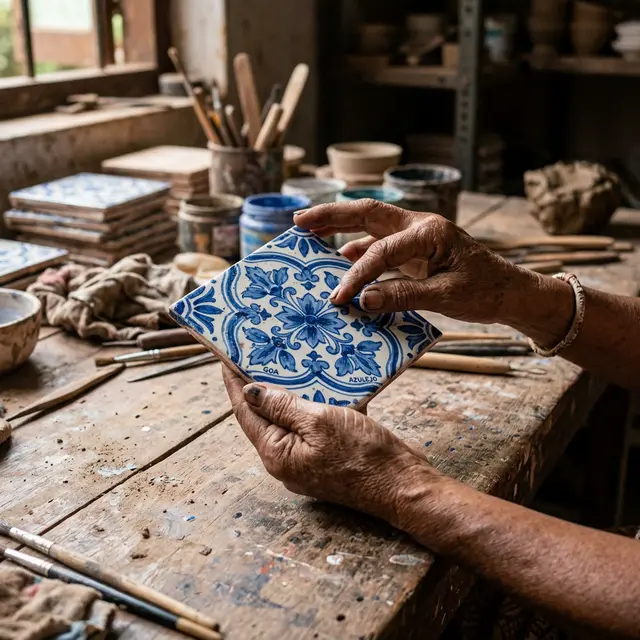 Goan artisan inspecting hand-painted Azulejo tile