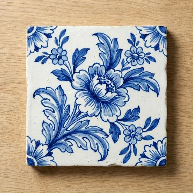 Classic Blue Floral Hand-Painted Portuguese Azulejo Tile Goa